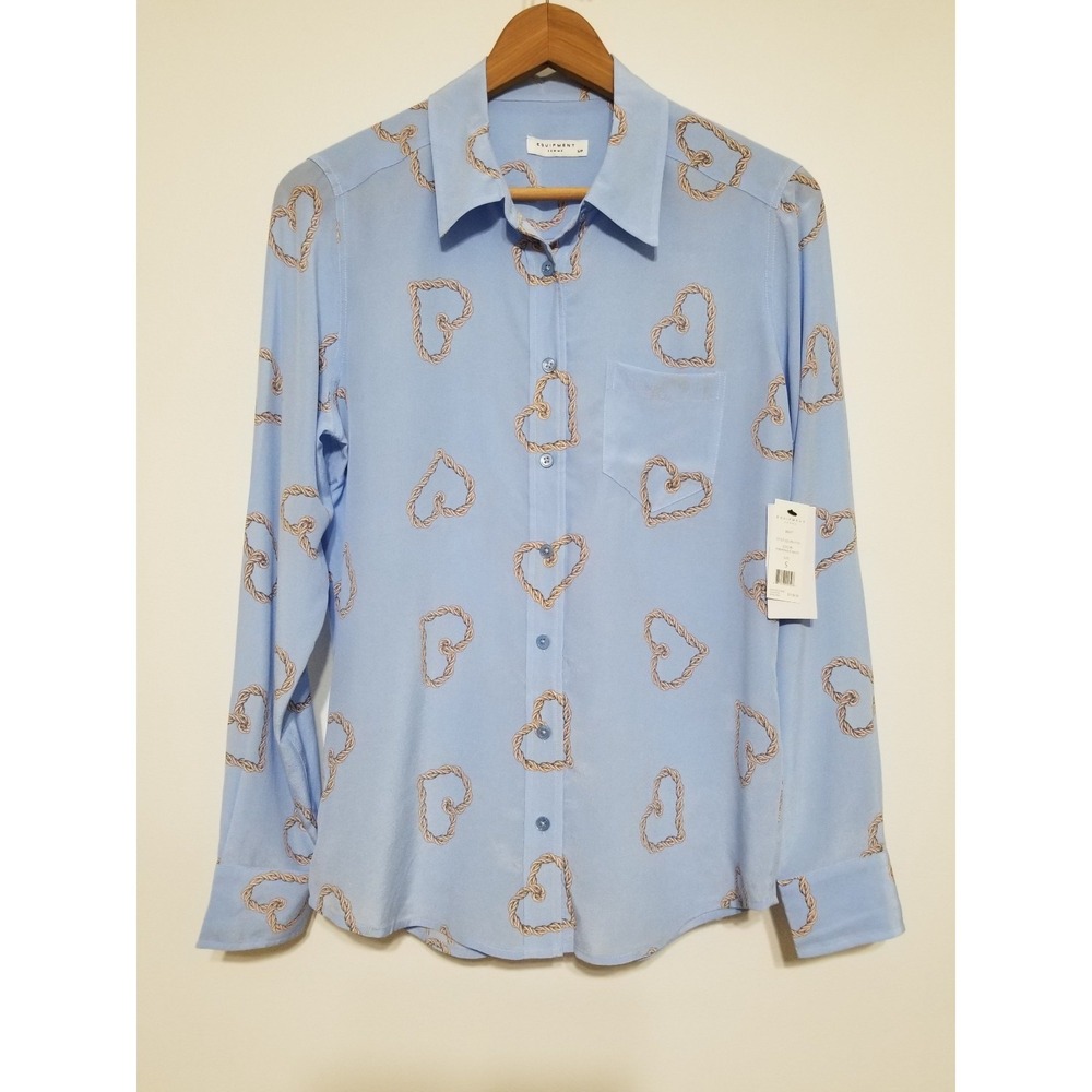 Equipment Brett 100% Silk Button Down Shirt Periwinkle Heart Print NWT S $258 - Picture 6 of 16